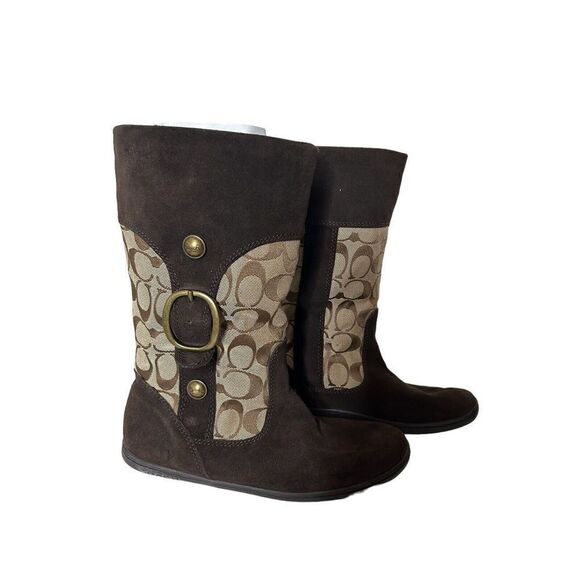 Coach Meyer Khaki Chestnut Brown C Logo Signature & Suede Boots Brass Sz 6.5 - Picture 2 of 9